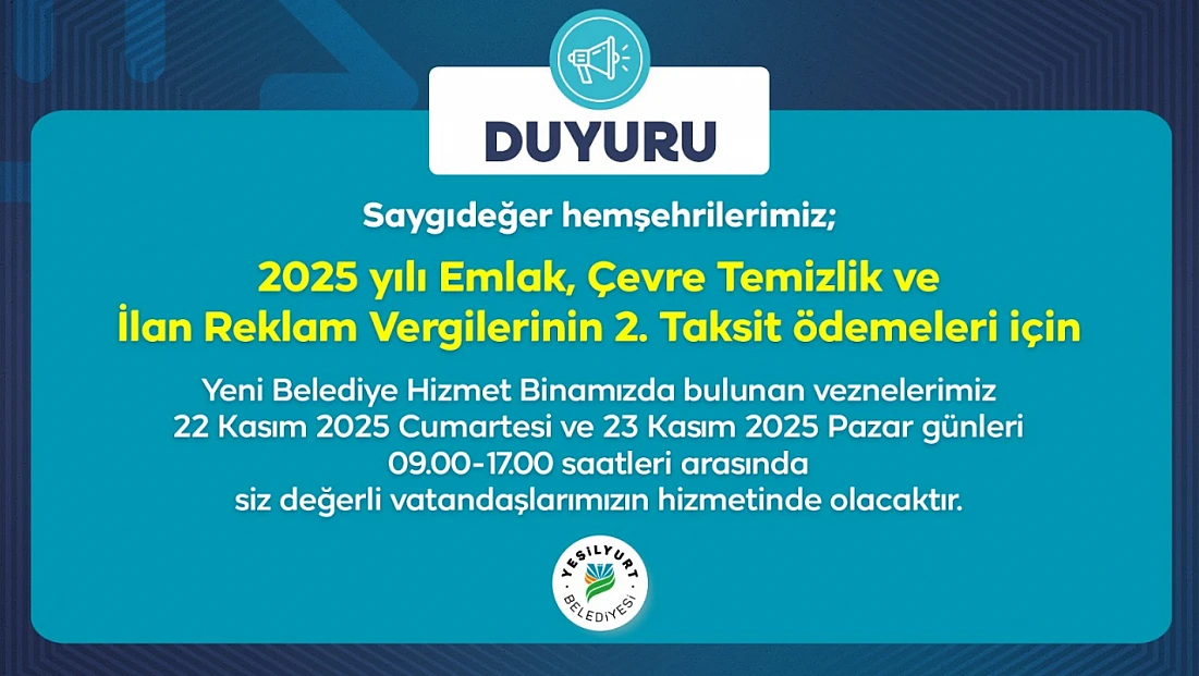 22-23 Kasım’da Yeşilyurt Belediye Vezneleri Hafta Sonu Hizmet Verecek