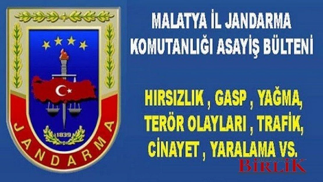 25 Şubat Perşembe Malatya İl Jandarma Asayiş Bülteni