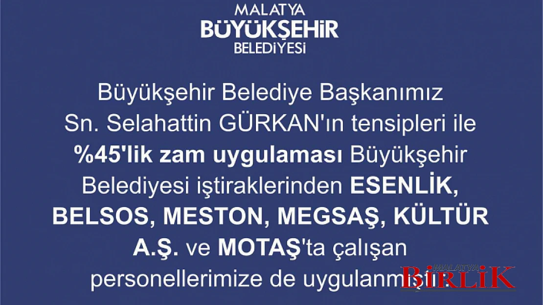 Başkan Gürkan'dan Büyükşehir İştiraklerinde Çalışan Personelede E Zam