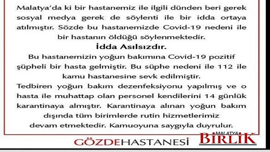 Gözde Sağlık Grubu'ndan Açıklama