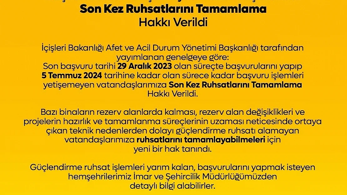 İçişleri Bakanlığı, Orta Hasarlı Binaların Ruhsat Başvuru Tamamlama Süresini Son Kez Uzattı