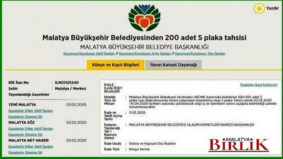 Malatya Belediyesi 200 Adet S Plaka İhalesi Yapacak
