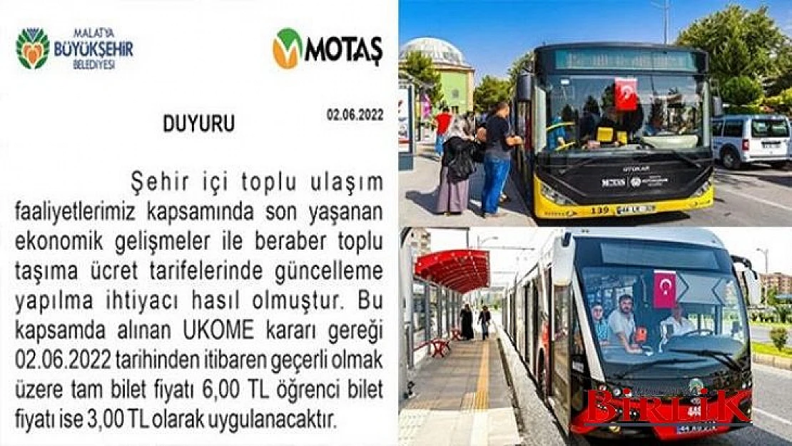 Malatya'da Ulaşıma Zam. 1 Biniş 4,5 Tl İken 6 Tl Oldu