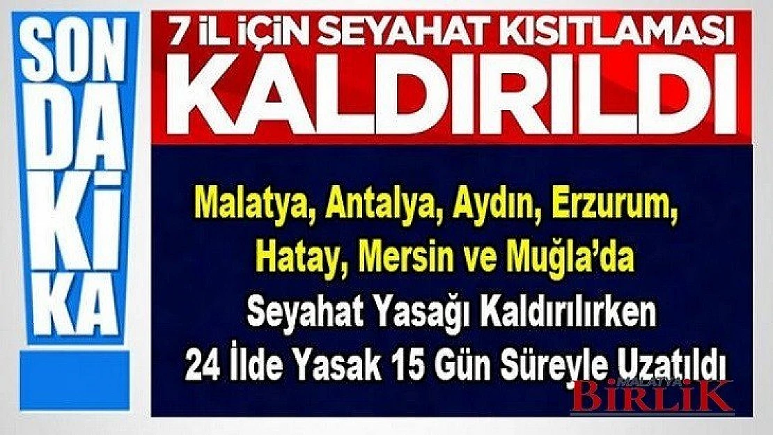 Malatya Dahil 7 İlde Seyahat Kısıtlaması Kalktı