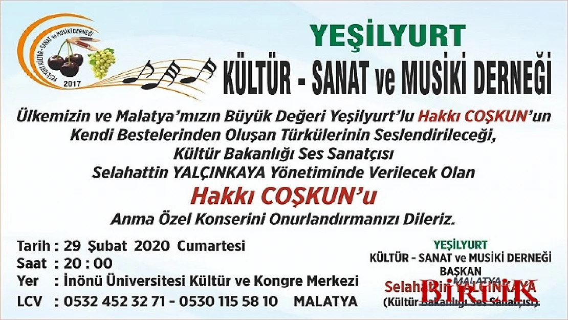 Malatya'lı Hakkı Coşkun, Bir Konserle Anılacak