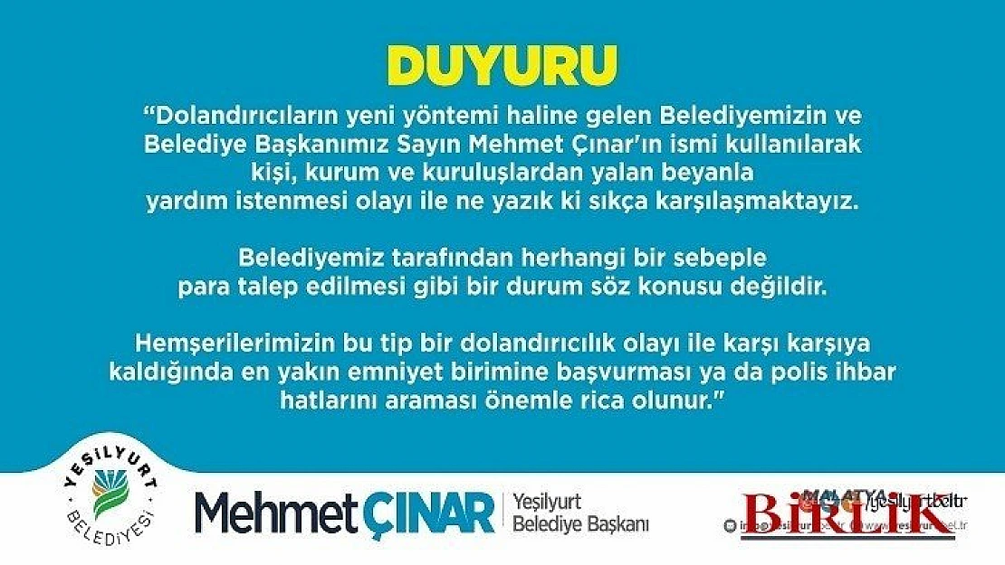 Yeşilyurt Belediyesi'nden Dolandırıcılara Karşı Uyarı!