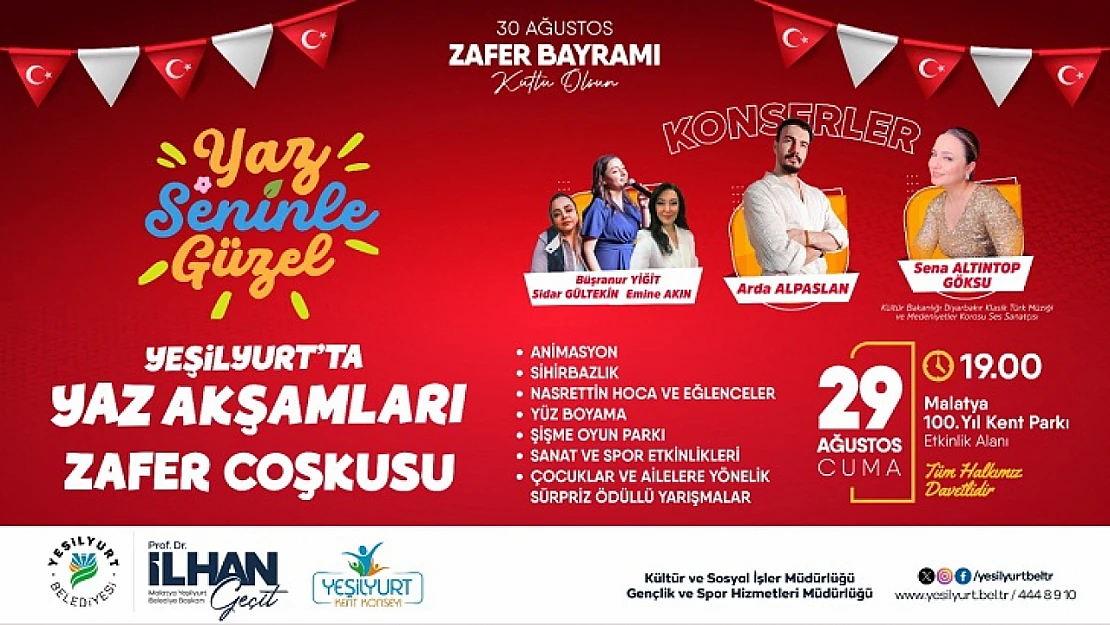 'Yeşilyurt'ta Yaz Akşamları' Zafer Bayramı Özel Programıyla Taçlanıyor