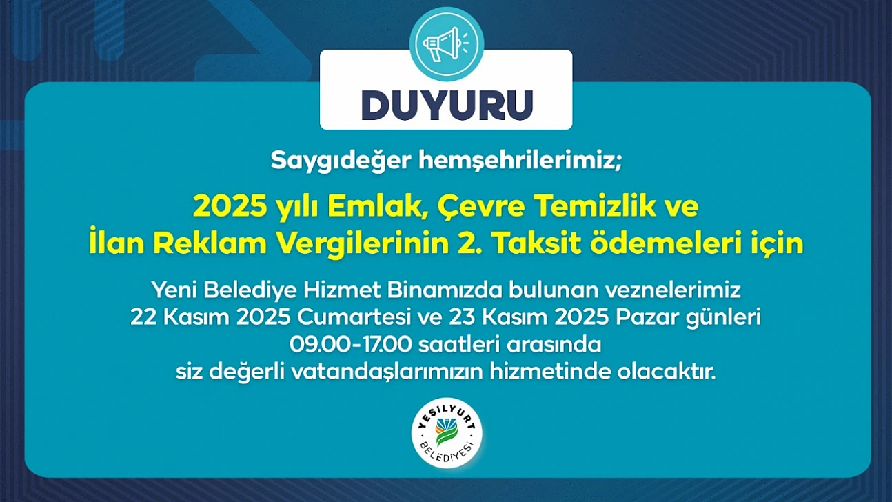 22-23 Kasım'da Yeşilyurt Belediye Vezneleri Hafta Sonu Hizmet Verecek