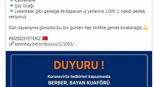 Şahinbey Belediyesi'nden Kapanan Esnaflara 1000 TL Yardım