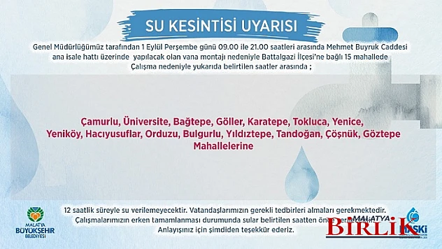 15 Mahallede Su Kesintisi Yaşanacak