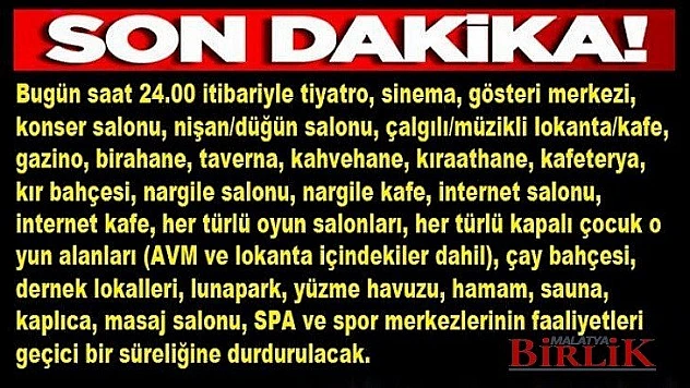 AVM ve Lokantalar Hariç Tüm Mekanlar Kapatılacak