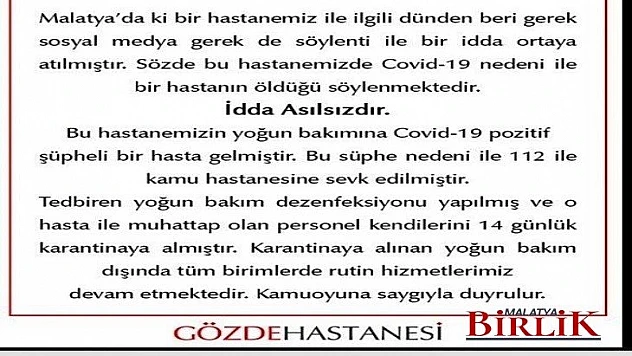 Gözde Sağlık Grubu'ndan Açıklama