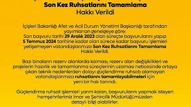 İçişleri Bakanlığı, Orta Hasarlı Binaların Ruhsat Başvuru Tamamlama Süresini Son Kez Uzattı