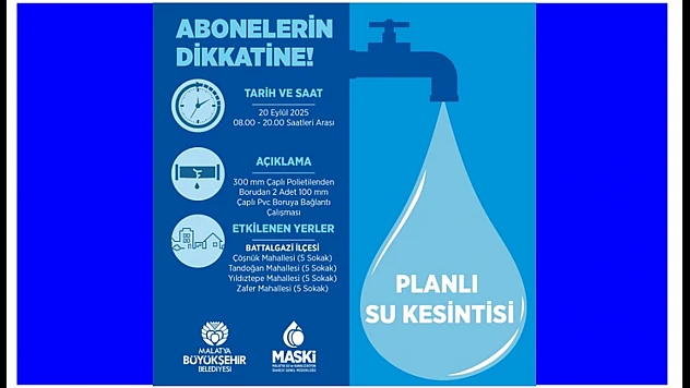 Malatya'da Planlı Su Kesintisi: 20 Eylül'de 12 Saatlik Çalışma