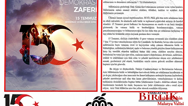 Vali Şahin'den 15 Temmuz Demokrasi ve Milli Birlik Günü Mesajı