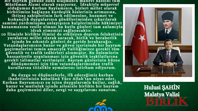 Vali Şahin'den Kurban Bayramı Mesajı