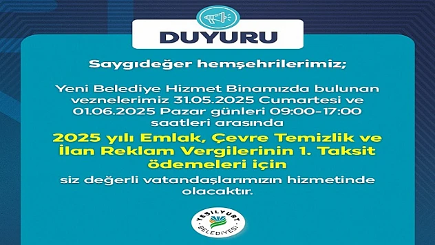 Yeşilyurt Belediye Vezneleri Hafta Sonu Açık!