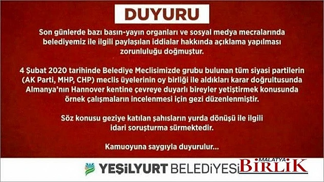 Yeşilyurt Belediyesi'nden Açıklama