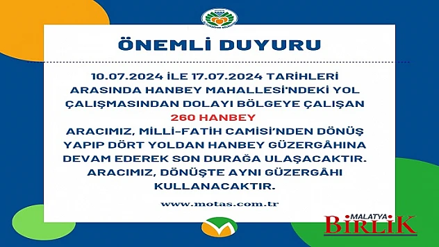 Yol Çalışmaları Nedeniyle 260 Hanbey Aracının Güzergâhı Değişti