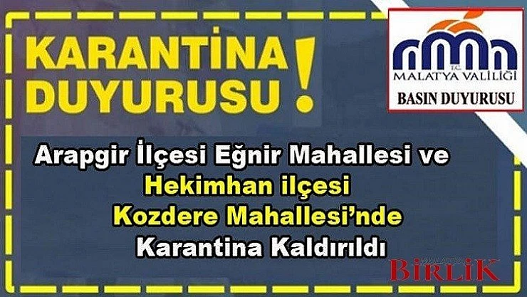 Arapgir ve Hekimhan'da 2 Mahallede Karantina Kaldırıldı