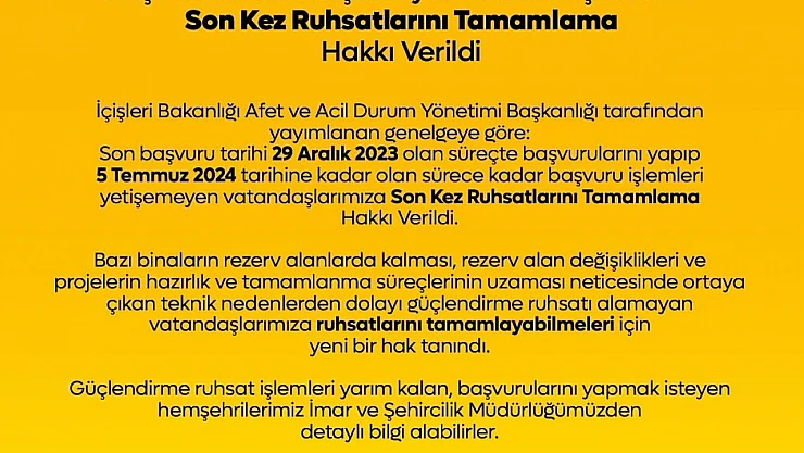 İçişleri Bakanlığı, Orta Hasarlı Binaların Ruhsat Başvuru Tamamlama Süresini Son Kez Uzattı