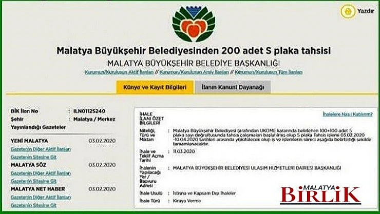 Malatya Belediyesi 200 Adet S Plaka İhalesi Yapacak