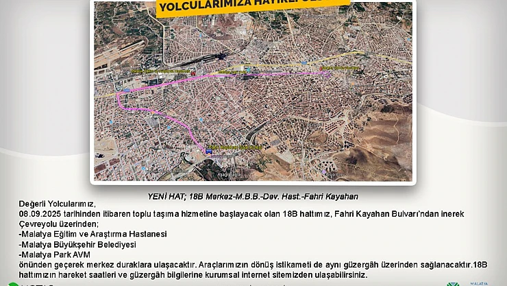 Malatya Park AVM Önünden Geçen 18B Hattı Bugünden İtibaren Seferde