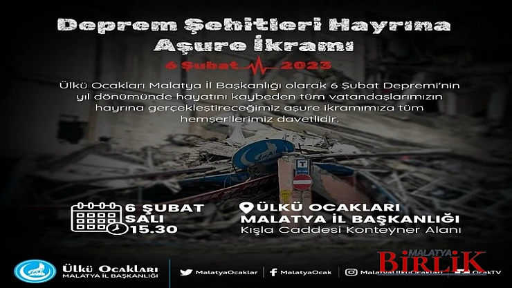 Ülkü Ocakları Deprem Şehitleri Hayrına Kur'an-ı Kerim Tilaveti ve Aşure Programı Düzenleyecek