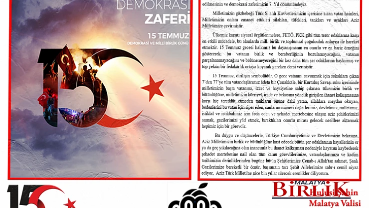 Vali Şahin'den 15 Temmuz Demokrasi ve Milli Birlik Günü Mesajı