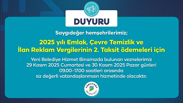 Yeşilyurt Belediye Vezneleri, Hafta Sonu Hizmet Verecek