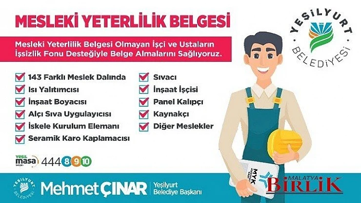 Yeşilyurt Belediyesinden 143 Meslek Çalışanına Mesleki Yeterlilik Belgesi