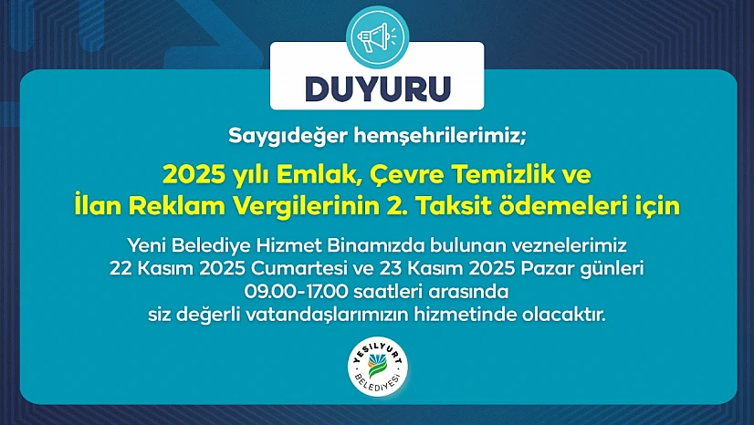 22-23 Kasım'da Yeşilyurt Belediye Vezneleri Hafta Sonu Hizmet Verecek