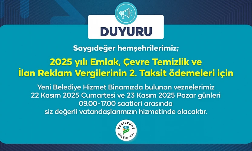 22-23 Kasım'da Yeşilyurt Belediye Vezneleri Hafta Sonu Hizmet Verecek